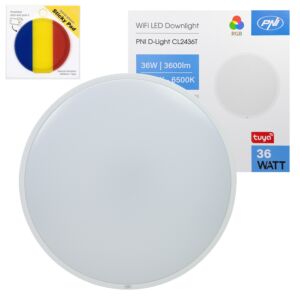 Plafoniera a LED Wi-Fi PNI D-Light CL2436T, RGBW, 36W, dimmerabile con cuscinetto adesivo blu incluso.