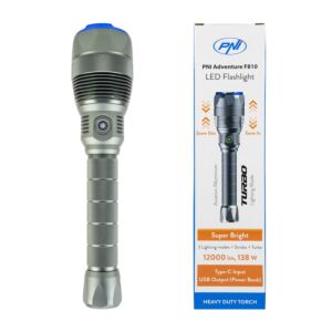 Torcia elettrica PNI Adventure F810 con LED da 138 W, 3 livelli di illuminazione più Turbo, 12000 lumen, zoom, fino a 250 m, batteria