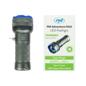 Torcia elettrica PNI Adventure F820 200 W, 3 livelli di illuminazione più Turbo, 20.000 lumen, fino a 350 m, batteria da 2600 mAh, I