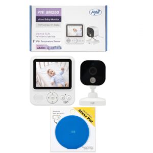 Video baby monitor PNI BM280, schermo da 2,8 pollici, wireless 2,4 GHz con cuscinetto adesivo blu incluso.
