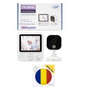 Video baby monitor PNI BM280, confezione con schermo da 2,8 pollici, wireless a 2,4 GHz con bandierina adesiva inclusa.