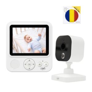 Video baby monitor PNI BM280, confezione con schermo da 2,8 pollici, wireless a 2,4 GHz con bandierina adesiva inclusa.