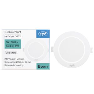 Faretto LED PNI D-Light CL2506 6W, da incasso, rotondo, 120,5*28,4mm, 6400K, alimentazione 230V, 660 lm, bianco