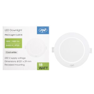 Faretto LED PNI D-Light CL2518 18W, da incasso, rotondo, 220,7*28,9mm, 6400K, alimentazione 230V, 1980 lm, bianco
