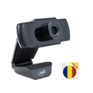 Pacchetto webcam PNI CW1850 Full HD 1080P da 2 MP, USB, clip e bandierina adesiva incluse.