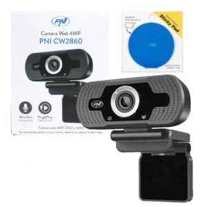 Pacchetto webcam PNI CW2860 Full HD 4MP, USB, clip-on, microfono integrato e cuscinetto adesivo blu inclusi.