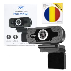Pacchetto webcam PNI CW2860 Full HD 4MP, USB, clip-on, microfono integrato e bandierina adesiva inclusi.