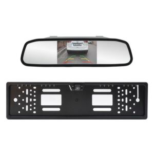 Sistema di parcheggio wireless PNI Escort P25 con display da 4,3 pollici nello specchietto retrovisore e telecamera nel supporto della targa.