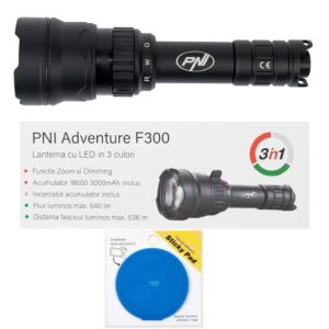 Pacchetto torcia LED PNI Adventure F300 in 3 colori: bianco, rosso, verde, massimo 10W, IPX6 con blu adesivo inclusi