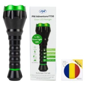 Torcia PNI Adventure F750 a luce verde in alluminio con bandierina adesiva inclusa.