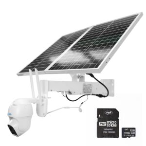 Pacchetto telecamera di videosorveglianza PTZ live PNI IP60 con pannello solare, 2 MP, GSM 4G e scheda MicroSD PNI da 128 GB