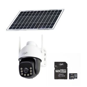 Pacchetto con telecamera di videosorveglianza PNI IP74 Live AOV Black Light da 4 MP e scheda PNI da 128 GB.