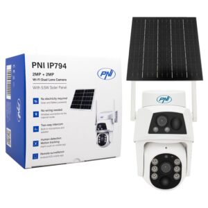 Telecamera di videosorveglianza PNI IP794 con Wi-Fi, PTZ, doppia lente 2MP + 2MP, pannello solare 5,5W, batteria a blocco 8000mAh