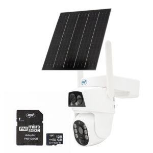 Pacchetto composto da telecamera di videosorveglianza PTZ PNI IP894 GSM 4G e scheda di memoria MicroSD PNI da 128 GB.