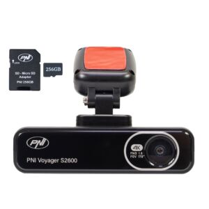 Pacchetto telecamera per auto PNI Voyager S2600 DVR, WiFi, 4K Ultra HD, GPS e scheda di memoria microSD da 256 GB inclusi.