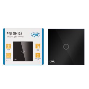 Interruttore semplice con touch PNI SH121, in vetro, nero, con indicatore LED, 10A 200W