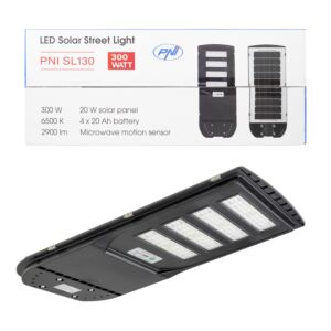 PNI SL130 Lampione stradale da 20 W con pannello solare integrato 20 W, 6500K, 2900 lm, 4 x batteria integrata da 20 Ah, S