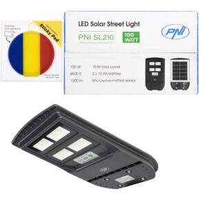 Kit di illuminazione stradale PNI SL210 da 100W, con pannello solare integrato da 10W e bandierina adesiva inclusa.