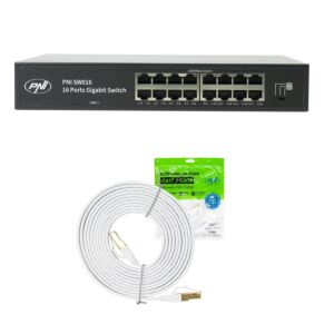 Pacchetto switch PNI SW016, 16 x 10/100/1000 Mbps, Gigabit, custodia in metallo e cavo patch CAT8 da 3 m PNI U8030W
