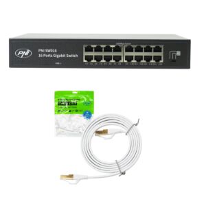 Pacchetto switch PNI SW016, 16 x 10/100/1000 Mbps, Gigabit, custodia in metallo e cavo patch CAT8 da 1,5 m PNI U8015W