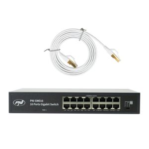 PNI SW016 Pacchetto switch 16 x 10/100/1000 Mbps, Gigabit, custodia in metallo e cavo patch CAT8 da 1,5 m PNI U8015W