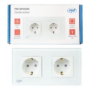 PNI WP202W presa doppia da incasso, con cornice in vetro, 16A, 2X3000W, 230V, bianco