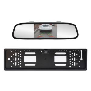 Sistema di parcheggio wireless PNI Escort P25 con display da 4,3 pollici nello specchietto retrovisore e telecamera nel supporto della targa.