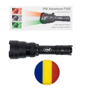 Pacchetto torcia LED PNI Adventure F300 in 3 colori: bianco, rosso, verde, max. 10W, IPX6 + bandiera Sticky Pad