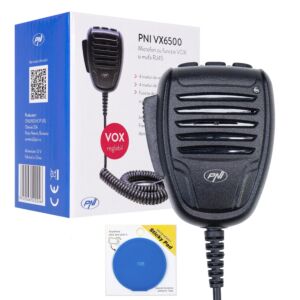 Pacchetto microfono PNI VX6500 con funzione VOX e cuscinetto adesivo blu incluso.