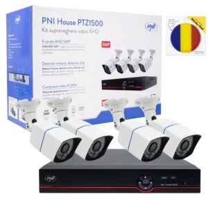 Kit di videosorveglianza DVR da 5MP PNI House PTZ1500 - 4 telecamere e pacchetto Sticky Pad Flag