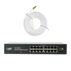 Pacchetto switch PNI SW016, 16 x 10/100/1000 Mbps, Gigabit, custodia in metallo e cavo patch CAT8 da 3 m PNI U8030W