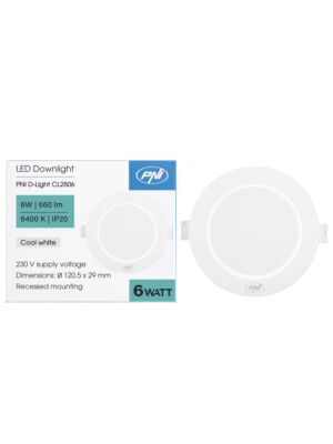 Faretto LED PNI D-Light CL2506 6W, da incasso, rotondo, 120,5*28,4mm, 6400K, alimentazione 230V, 660 lm, bianco