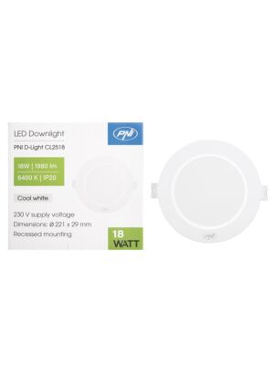 Faretto LED PNI D-Light CL2518 18W, da incasso, rotondo, 220,7*28,9mm, 6400K, alimentazione 230V, 1980 lm, bianco
