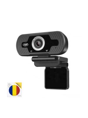 Pacchetto webcam PNI CW2860 Full HD 4MP, USB, clip-on, microfono integrato e bandierina adesiva inclusi.