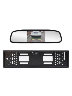 Sistema di parcheggio wireless PNI Escort P25 con display da 4,3 pollici nello specchietto retrovisore e telecamera nel supporto della targa.