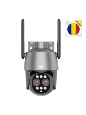 Telecamera di videosorveglianza Paxhet PNI House IP574 con Wi-Fi, PTZ, doppia lente e bandierina adesiva inclusa.