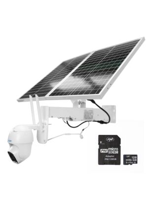 Pacchetto telecamera di videosorveglianza PTZ live PNI IP60 con pannello solare, 2 MP, GSM 4G e scheda MicroSD PNI da 128 GB