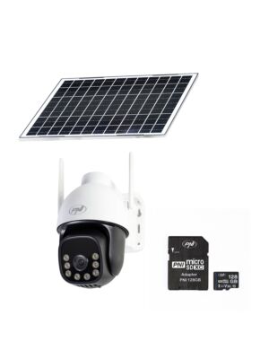 Pacchetto con telecamera di videosorveglianza PNI IP74 Live AOV Black Light da 4 MP e scheda PNI da 128 GB.