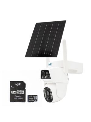 Pacchetto composto da telecamera di videosorveglianza PTZ PNI IP894 GSM 4G e scheda di memoria MicroSD PNI da 128 GB.