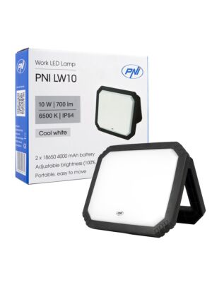 Lampada da lavoro a LED PNI LW10 10W, portatile, ricaricabile, con 2 batterie 18650 da 4000 mAh, 6500K, IP54, 700 lm, 2 livelli