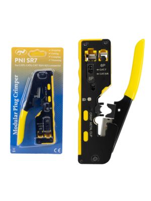 Pinza PNI SR7, per tagliare e spelare cavi e crimpare connettori RJ12, RJ45 CAT5, CAT6, CAT7, gialla