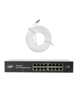 Pacchetto switch PNI SW016, 16 x 10/100/1000 Mbps, Gigabit, custodia in metallo e cavo patch CAT8 da 3 m PNI U8030W