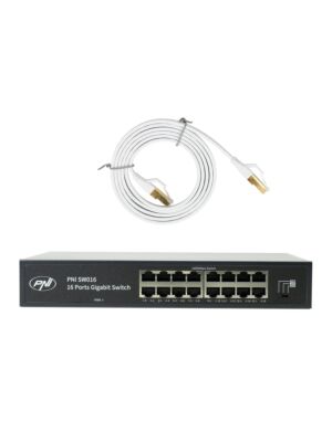 PNI SW016 Pacchetto switch 16 x 10/100/1000 Mbps, Gigabit, custodia in metallo e cavo patch CAT8 da 1,5 m PNI U8015W