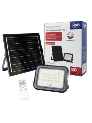 Riflettore LED PNI GreenHouse WS50 PRO 50W con pannello solare 6W, batteria 5000mAh, 800lm, telecomando, temporizzatore e luminosità.
