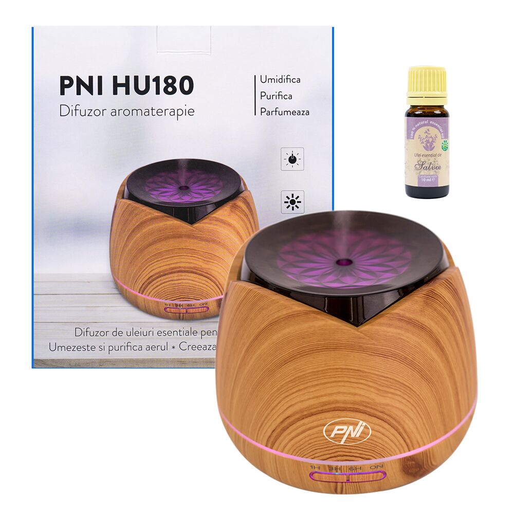 Diffusore di aromaterapia PNI HU180 per oli essenziali, ultrasuoni include  Olio di Salvia 10ml