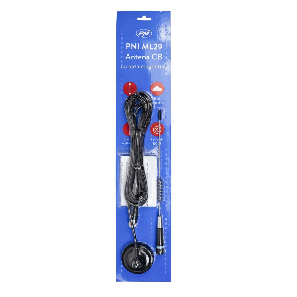 Antenna CB PNI ML70 Con Base Magnetica 145 Mm - Connettore PL, Cavo RG58 4m, Portata Fino A 20 Km