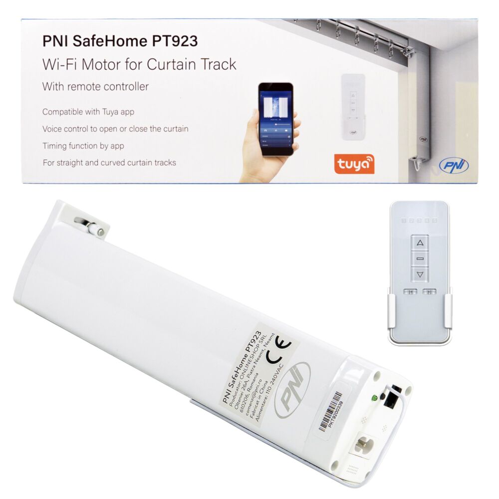 Motore Per Tende Intelligenti SafeHome PT923 - WiFi, Controllo App Tuya, Telecomando Incluso, Per Tende Fino A 50 Kg E 12 M
